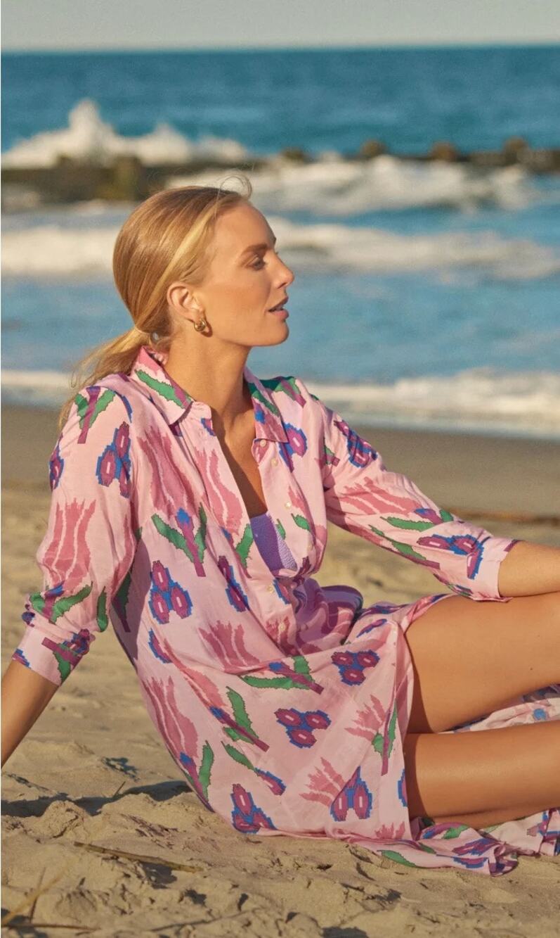 Oliphant pink midi-length shirt dress colorful geometric ikat size medium
